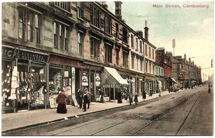 Main Street - Circa 1904 - 2nd shop on the left is Peddie & Co., Newsagents & Stationers, Publisher of this 'Old Cambuslang' Post Card - Card dated 1905 - Reliable Series No 803